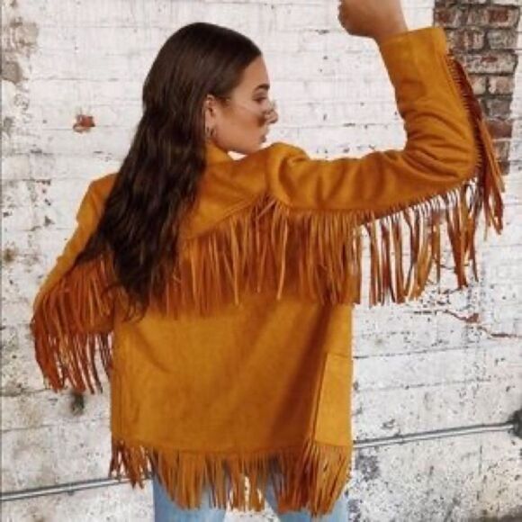 DANIELLE BERNSTEIN NWT Boho Fringed Faux Suede Jacket Camel Size XS Coachella - Picture 2 of 11